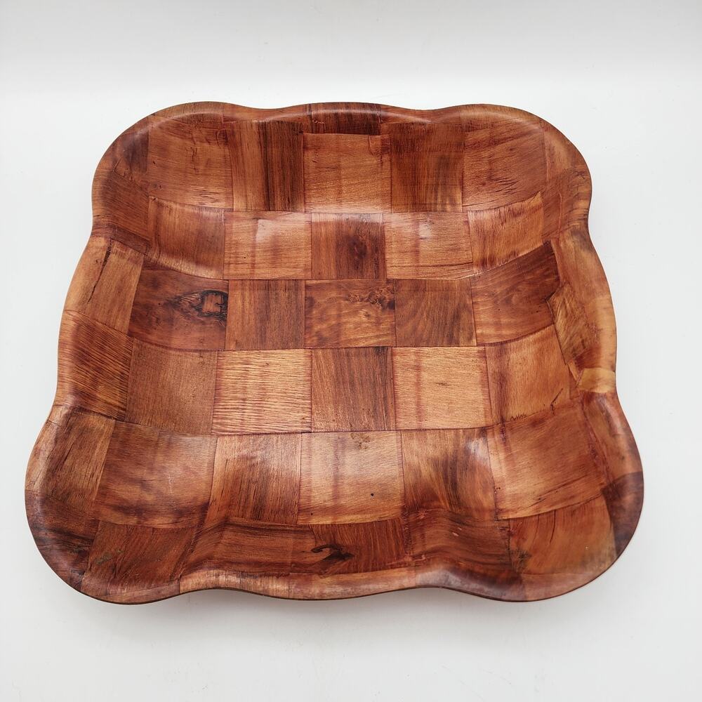 Vintage Woven Wooden Bowl Parquet Patchwork Checkerboard Pattern Scalloped 11"
